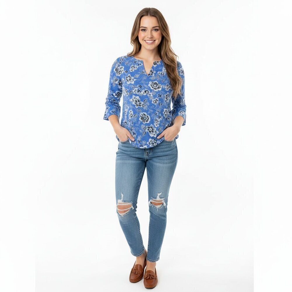 J Jill Love Linen blue floral top size xsmall